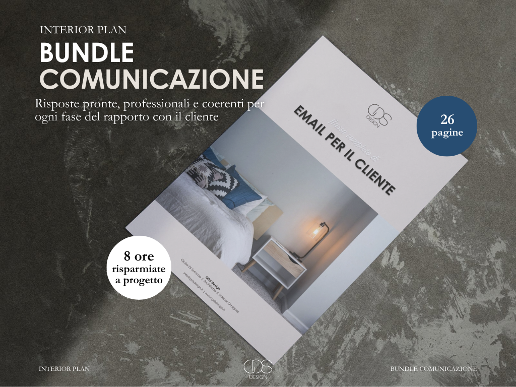 Un opuscolo che illustra un pacchetto di comunicazione e interior design, con 26 pagine, che include un esempio di catalogo per il cliente. Include un'icona che indica che ci sono 8 ore risparmiate al progetto.