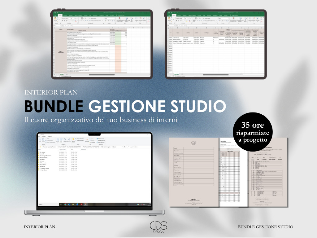 Immagine promozionale di un pacchetto di strumenti di gestione interna per aziende, chiamato Bundle Gestione Studio. Include schermate di fogli di calcolo e documenti stampati, con un'enfasi su risparmio di tempo e organizzazione efficiente.