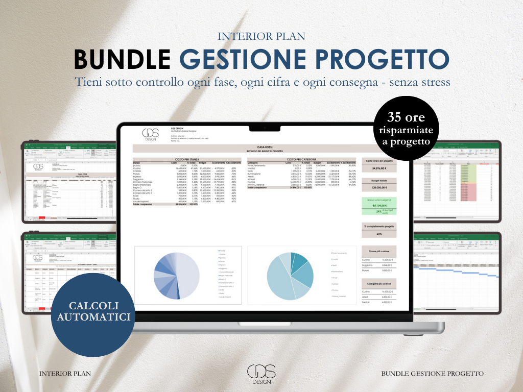 Pianificazione interiore di gestione del progetto con fogli di calcolo su schermi di computer e tablet, evidenziando risparmi di tempo e calcoli automatici.