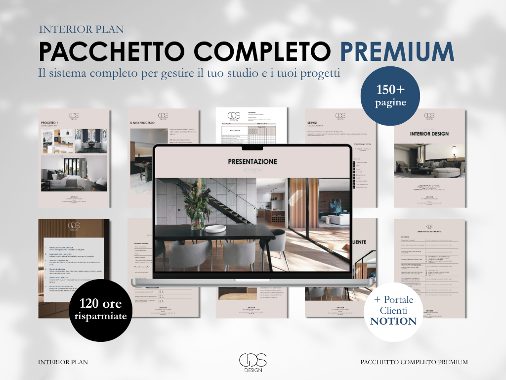 Piano interni con documenti di progettazione e immagini di design d'interni, pubblicizzato come pacchetto completo premium con oltre 150 pagine.