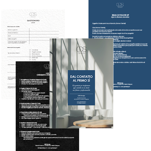 Cattura di vari materiali di marketing e informativi di GDS Design, tra cui un volantino con il titolo 'Dal contatto al primo sì', e moduli di questionario, tutti in italiano.