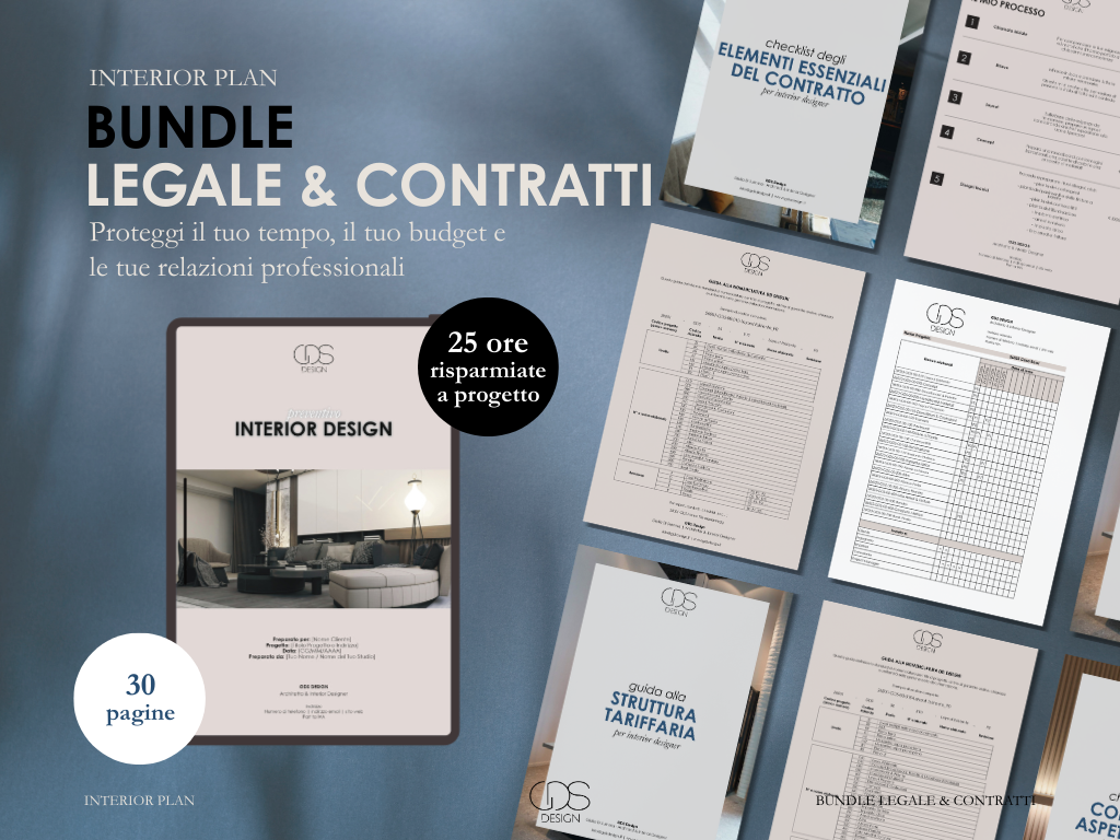 Brochure e documenti relativi a un pacchetto di servizi legali e contrattuali, inclusi guide, checklist e preventivi, con un focus su progettazione di interni, in italiano.