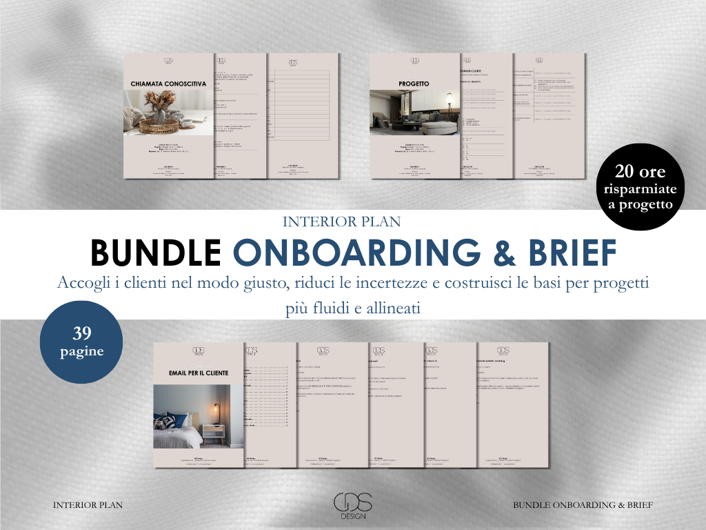 Piano di interni con brochure che mostra un bundle di 39 pagine per onboarding e brief di design degli interni, includendo sezioni come chiamata conoscitiva, progetto e email per il cliente, con immagini di ambienti interni e testo indicante risparmio di tempo e costruzione di basi per progetti più fluidi.