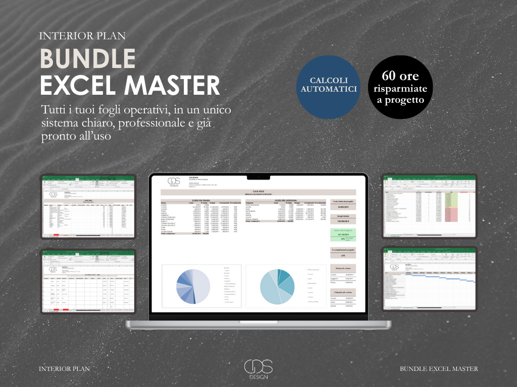 Piano interni di un bundle di Excel Master: fogli di calcolo e grafici mostrati su uno schermo e schermi collegati, con testo in italiano e diagrammi circolari.