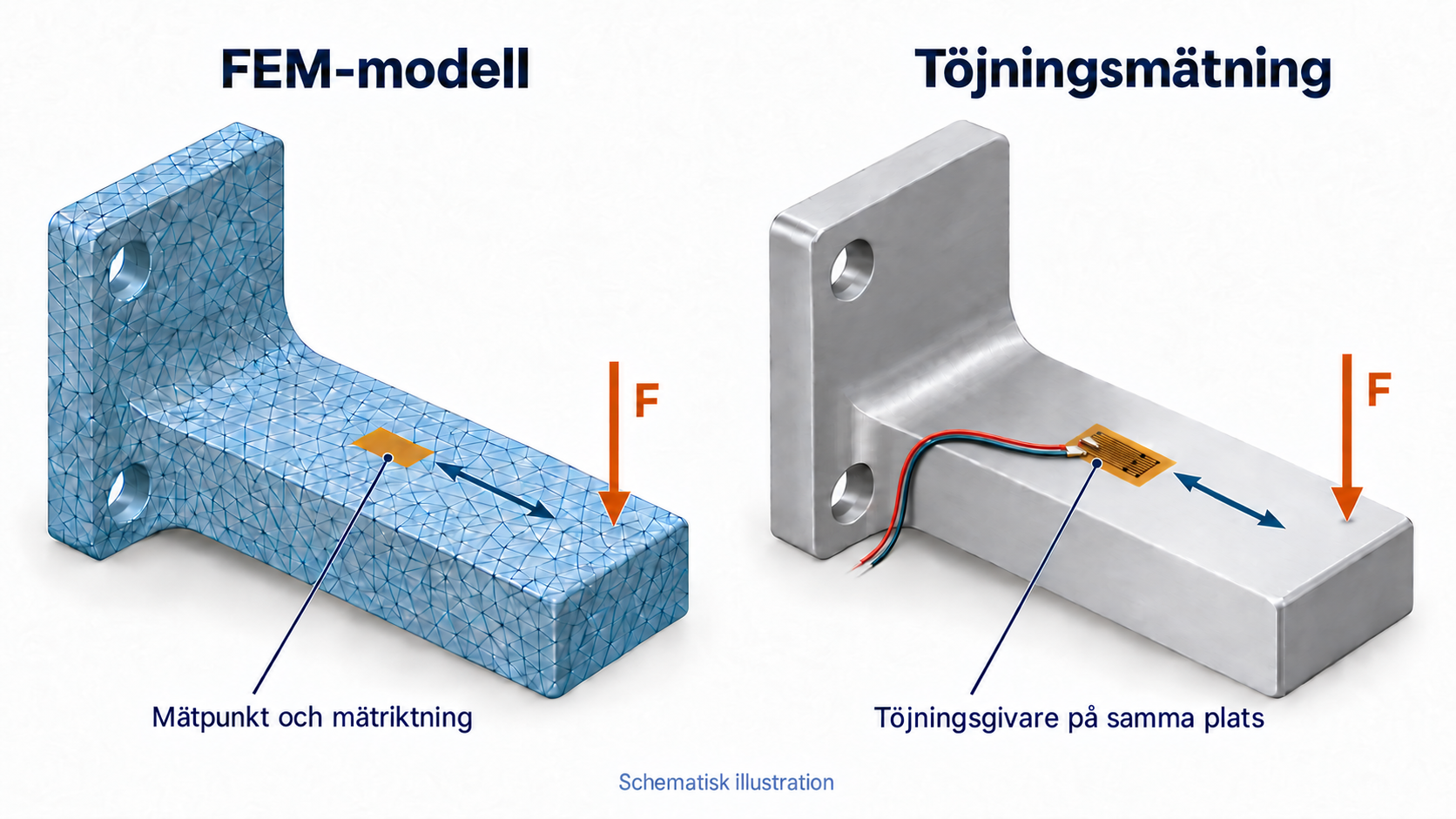 FEM-modell och maskinfäste med motsvarande mätpunkt och mätriktning markerade.