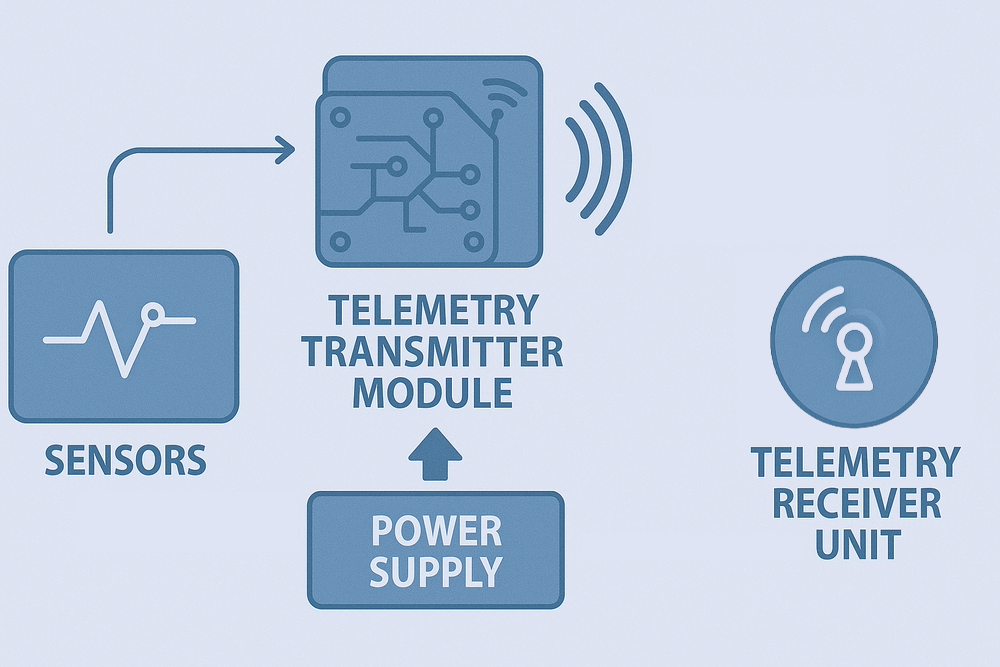 Diagram som visar komponenter i en telemetriöverföringssystem, inklusive sensorer, telemetri sändarmodul, strömtillförsel och telemetri mottagarenhet.