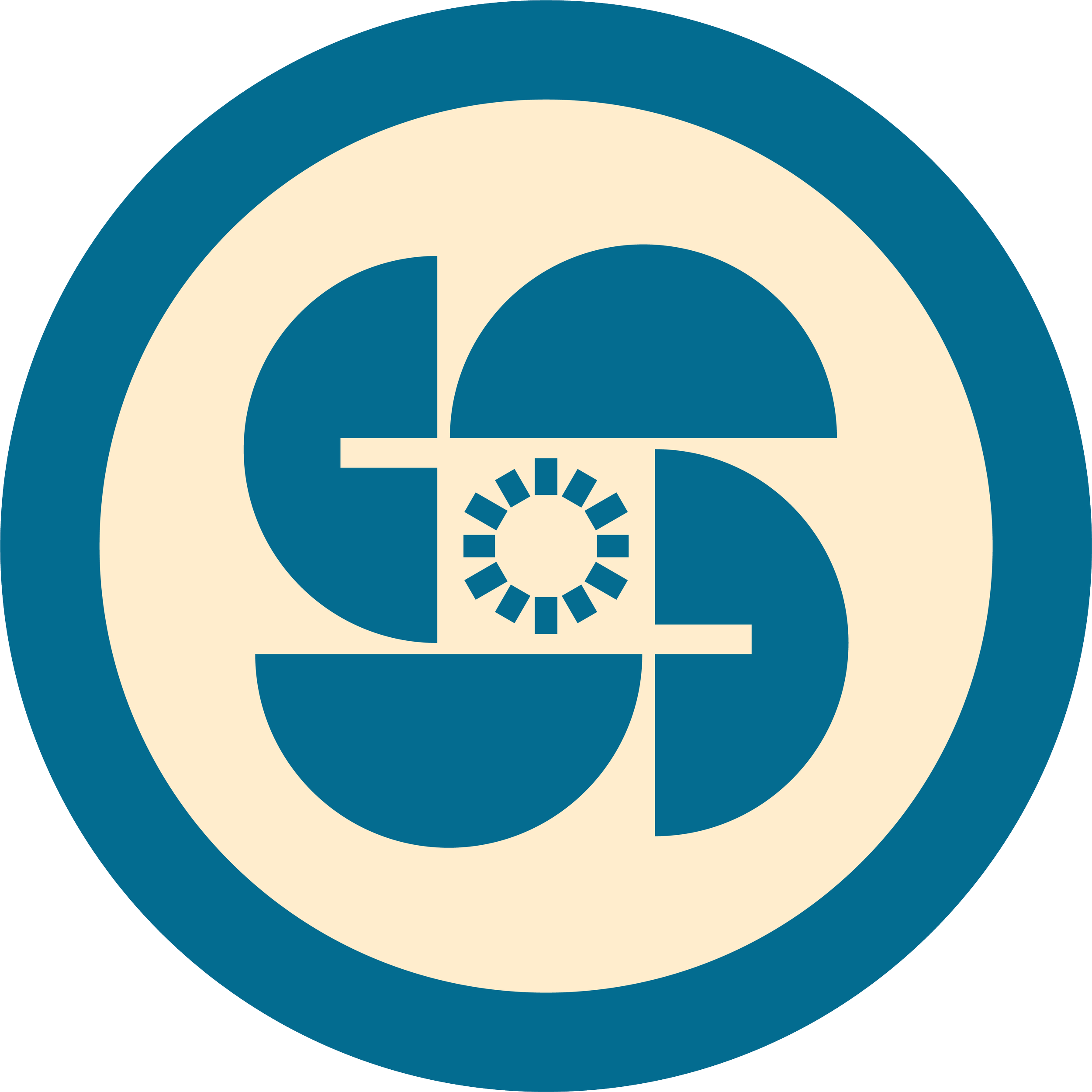 A circular logo with a dark blue outline and cream background featuring various geometric shapes and a loading spinner in the center.