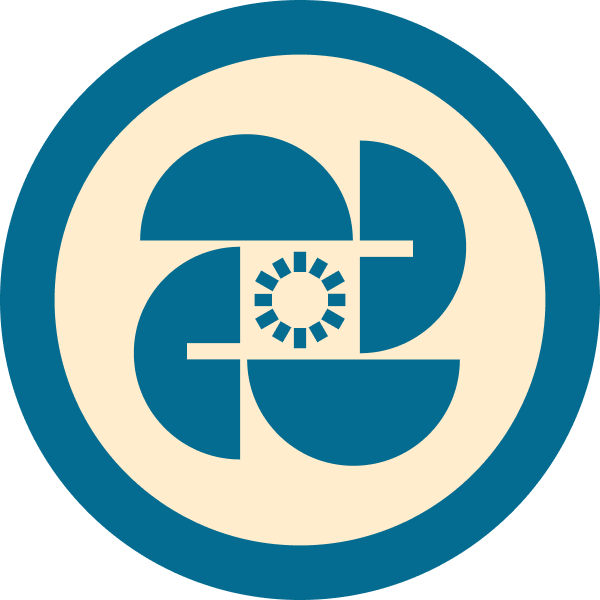 A circular logo with a blue outer ring and a cream-colored background, featuring stylized interconnected shapes and a central loading or loading-like icon.