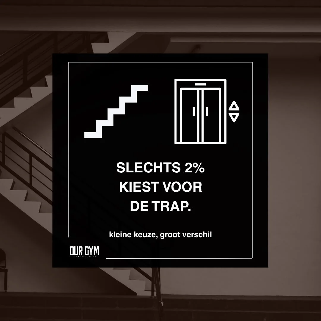 🚶&zwj;♀️ Slechts 2% van de mensen kiest voor de trap wanneer er een lift beschikbaar is.

Het lijkt klein, maar die keuzes tellen op:
🛒 Zelf je boodschappen tillen
🚗 Je auto wat verder weg parkeren
↗️ De trap nemen i.p.v. de lift

Al deze mini-aan