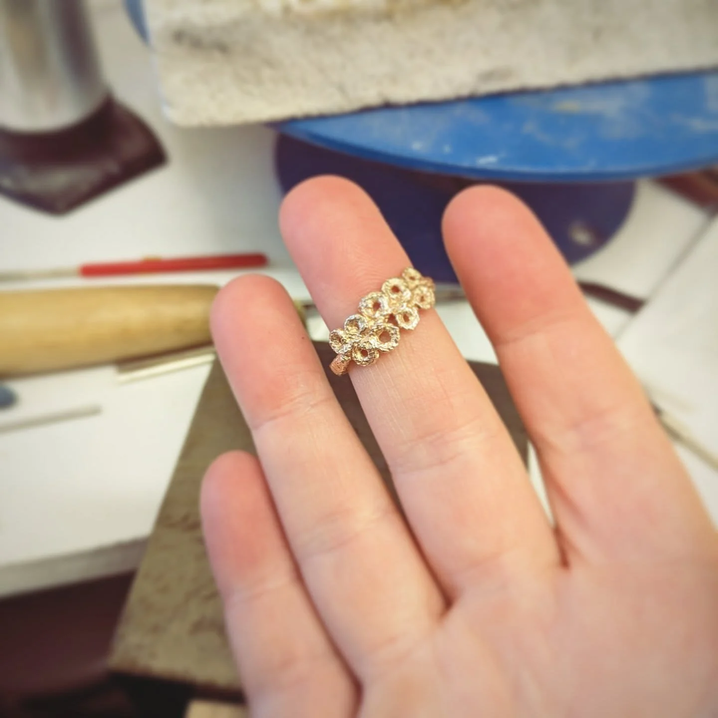 On the bench today, first of a series of new rings in the making. This one is 9ct @smo.gold 

Second image is during the process of crocheting it in cotton before transforming it into solid gold. 

Love this as it is, but thinking a bit of champagne 