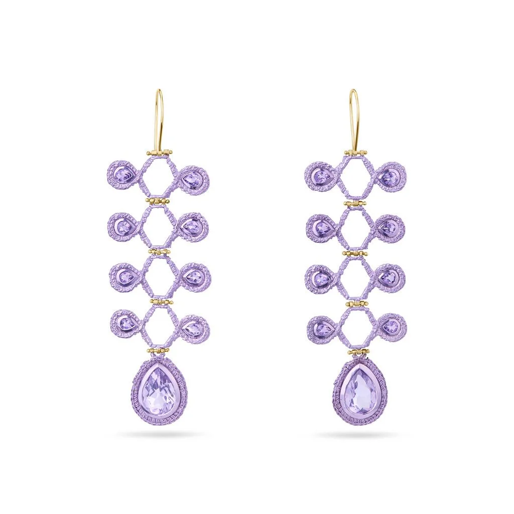 Regency Long Lattice Earrings - Amethyst, Silver with Lilac Ceramic and 18ct Gold