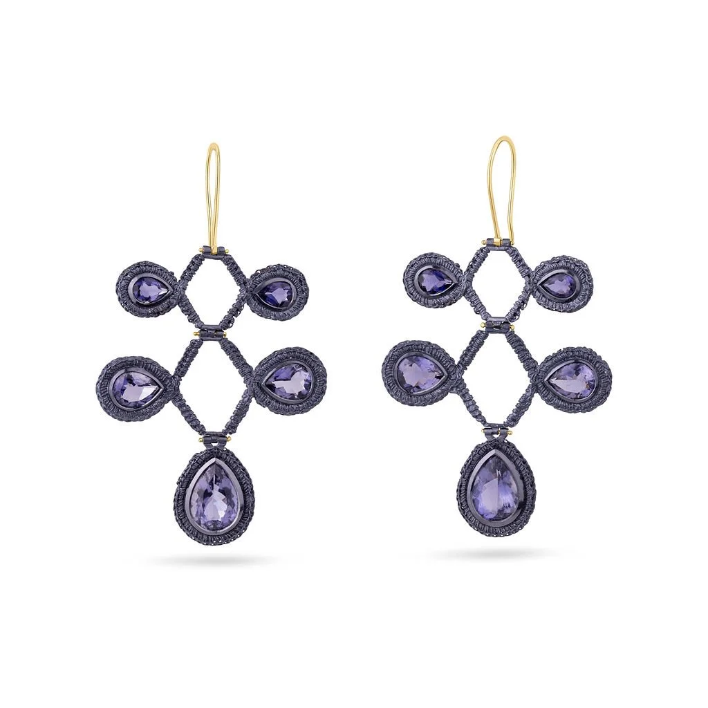 Regency Chandelier Earrings – Iolite, Silver with Twilight Blue Ceramic & 14ct Gold 