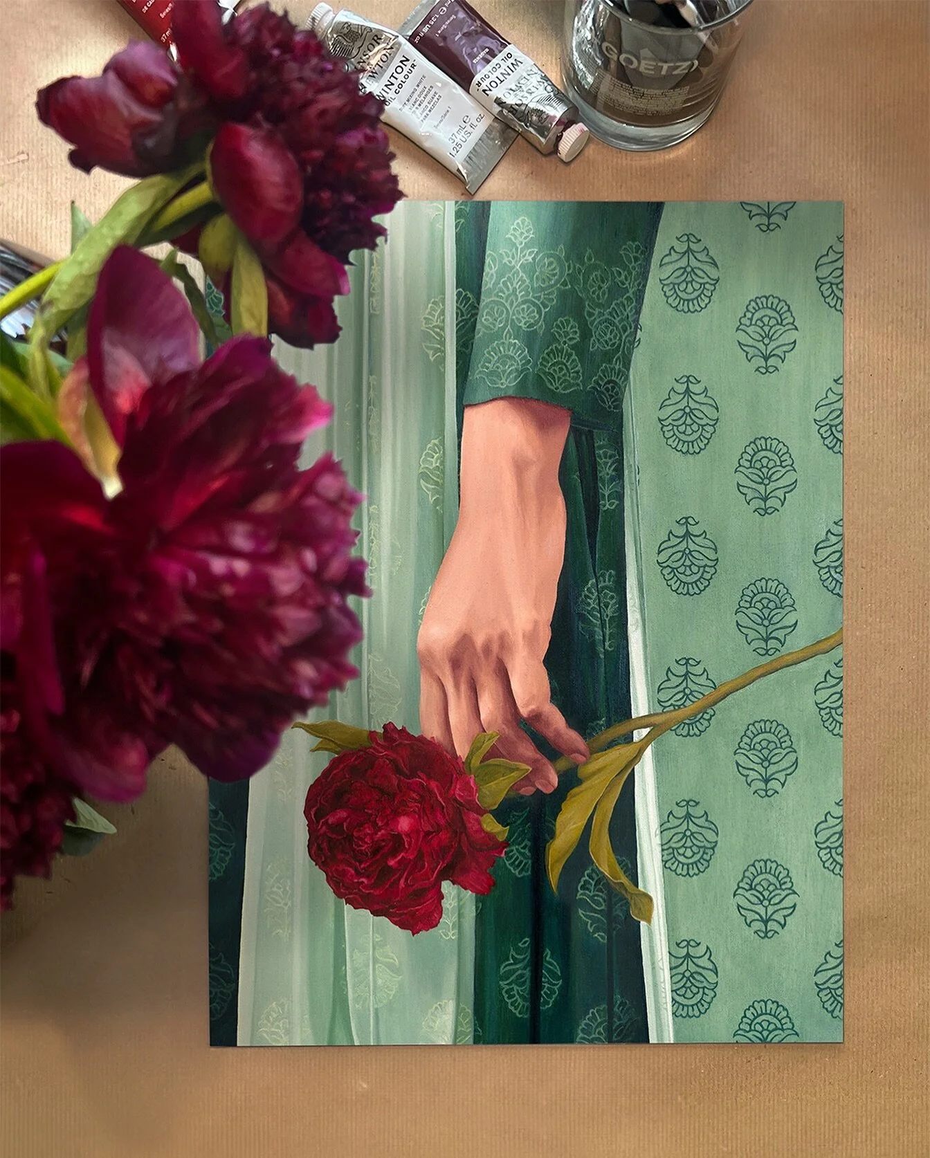 done &amp; dusted.
.
.
.
#pattern #blockprint #peony #peonies #peonypainting #wippainting #oilpainting #winsorandnewton #cassart #womanistan #browngirlgang #mashionpk #studiofarya