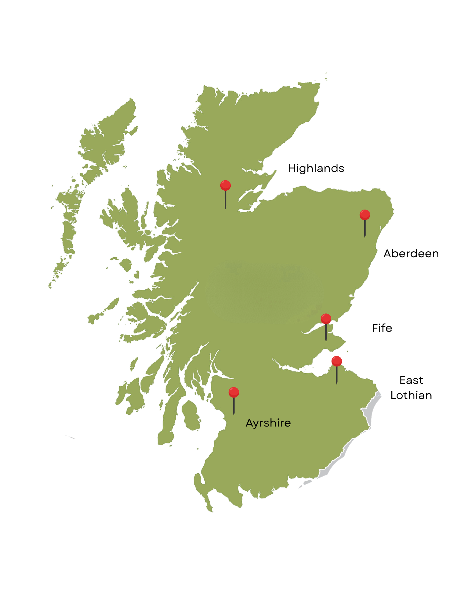 Map of Scotland with five red pins marking locations: Highlands, Aberdeen, Fife, Ayrshire, and East Lothian.