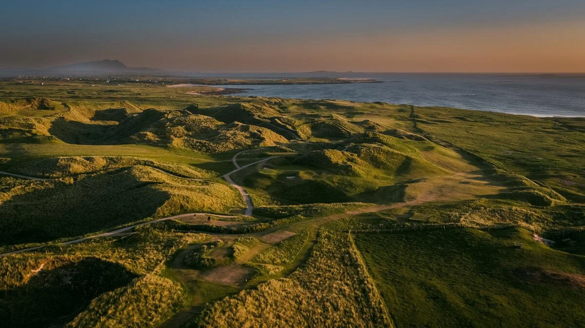 Carne Golf Club and Atlantic coastline, dunes and links fairways in County Mayo, Ireland