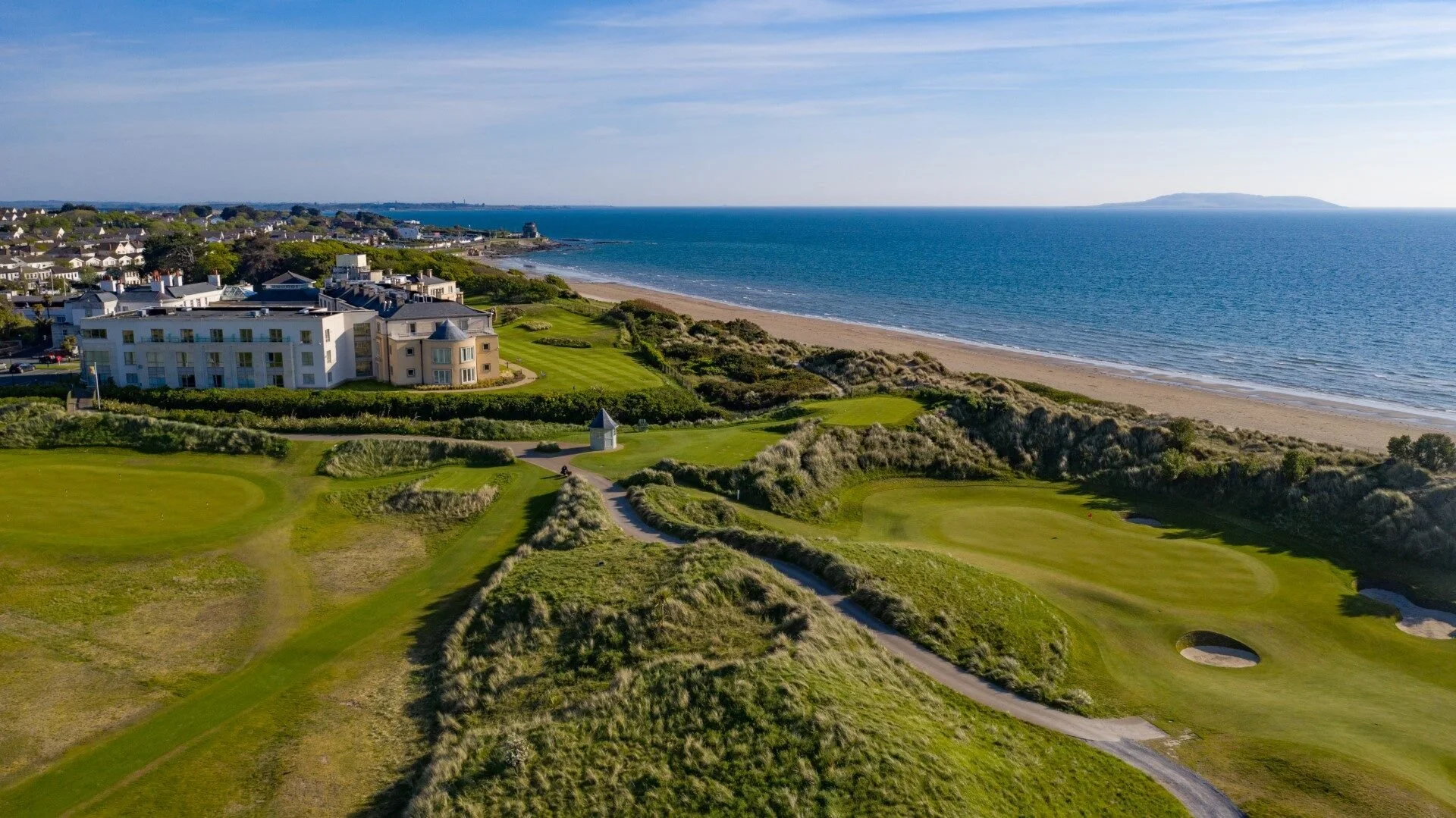 Jameson Golf Links Portmarnock aerial view with links fairways beside the Irish Sea in County Dublin, Ireland