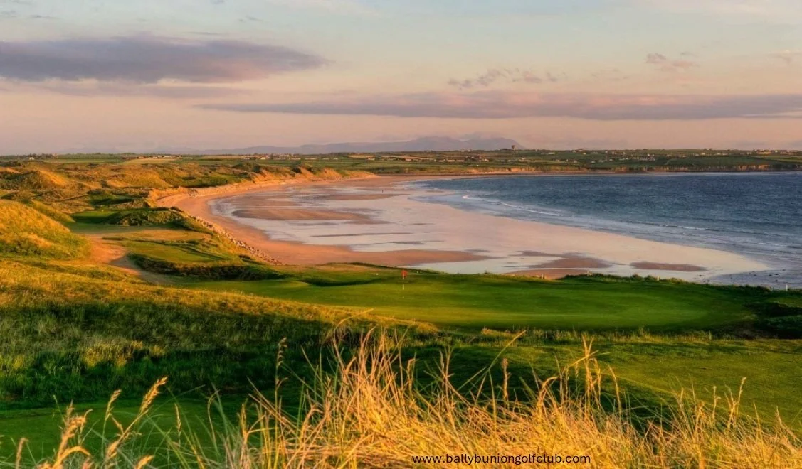 Ballybunion Old Course and coastline at sunrise, links fairways along the Atlantic in County Kerry, Ireland