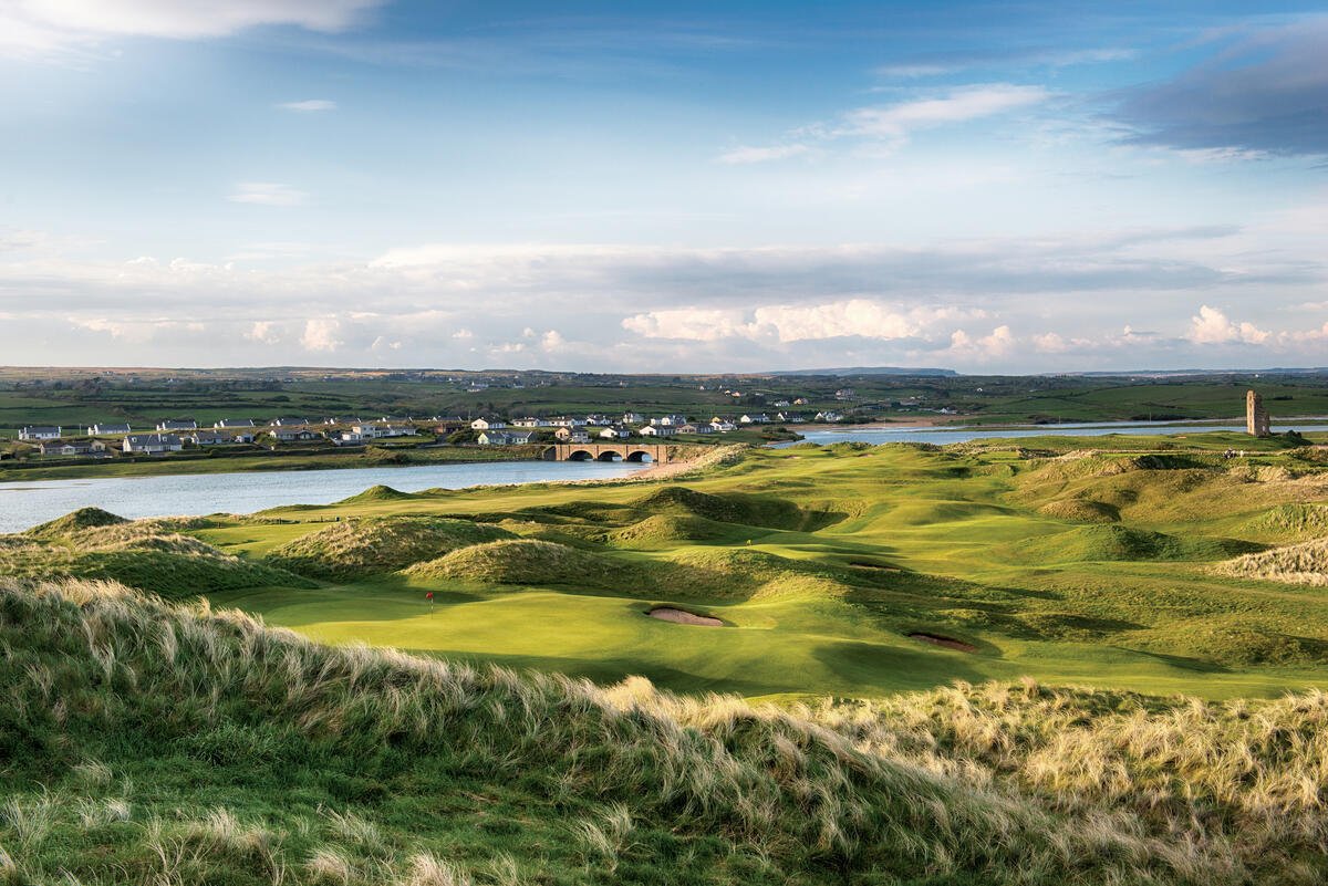 Lahinch Golf Club links course overlooking the village and coastline in County Clare, Ireland
