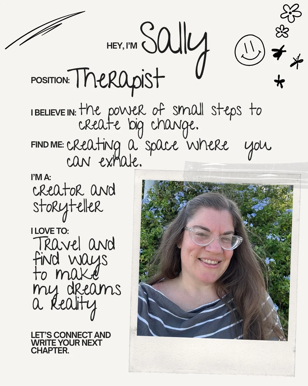 ✨ Meet Sally 🌿
We&rsquo;re so excited to welcome Sally to the Next Chapter Mental Health Counseling team!

Sally believes that life&rsquo;s challenges aren&rsquo;t always our fault &mdash; but healing and growth become our responsibility when we cho