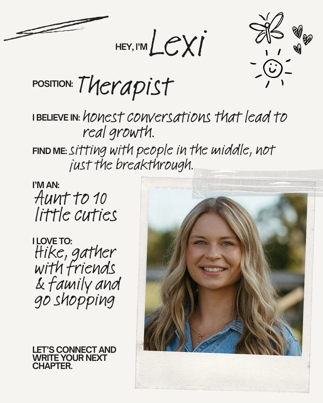 ✨ Meet Lexi 🌿
We&rsquo;re so excited to introduce Lexi Tubbs, LMHC, a compassionate therapist at Next Chapter Mental Health Counseling who is dedicated to supporting clients on their path to growth and well-being.

Lexi uses a blend of CBT, DBT, Str