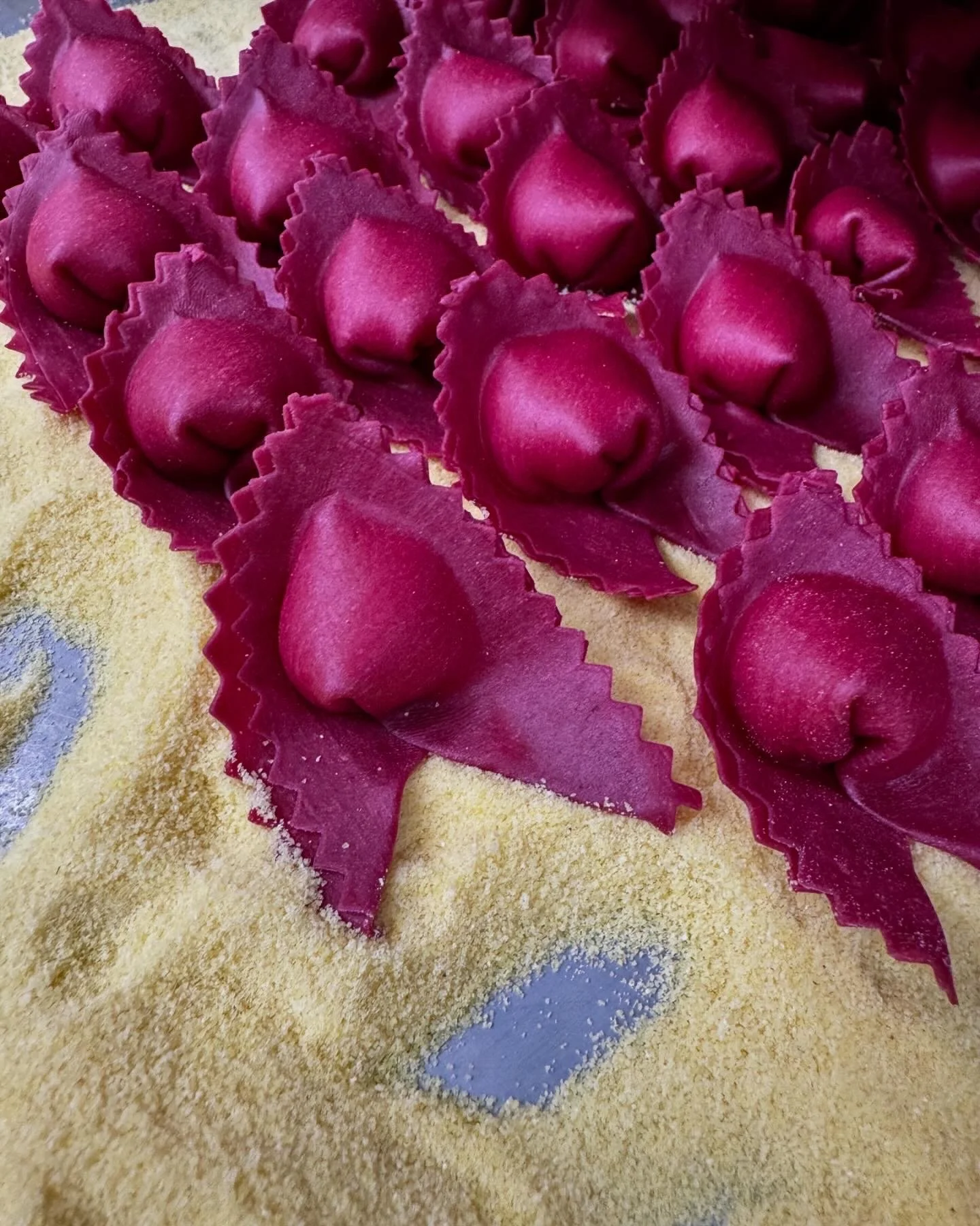Close-up of fresh beetroot cappellacci pasta. 