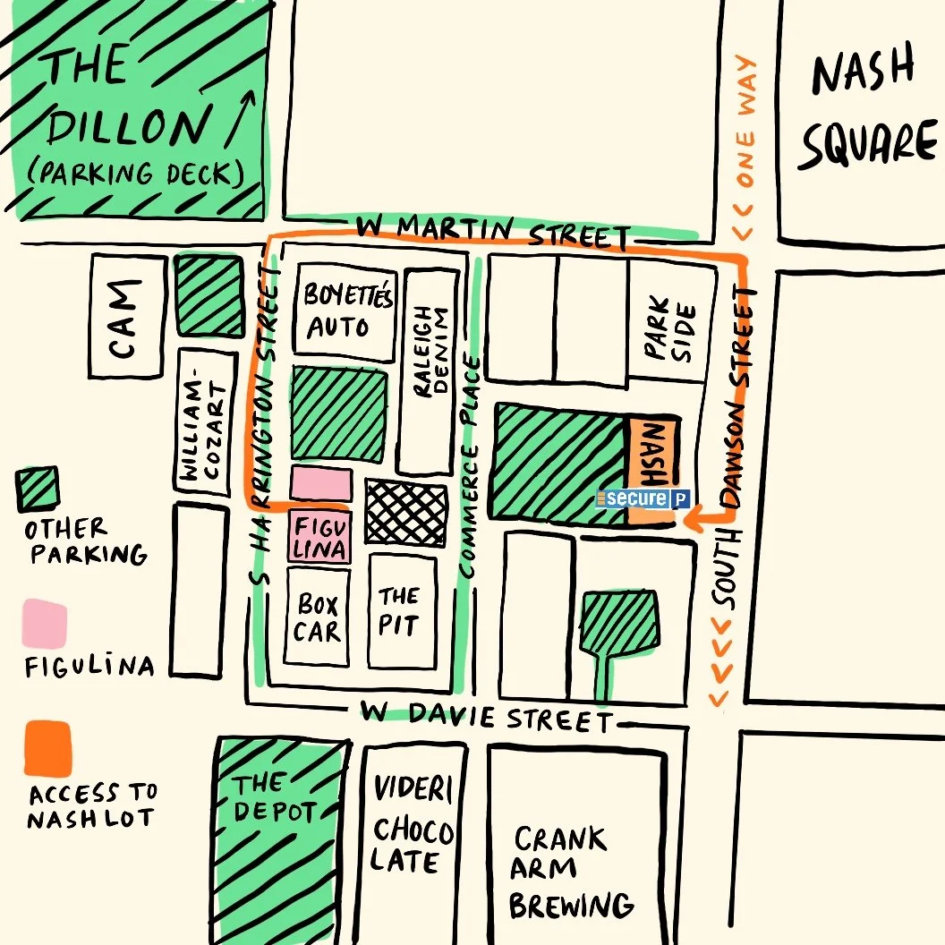 Map our our neighboring Downtown Raleigh parking lots. This map shows you directions to discounted parking for Figulina diners and more.