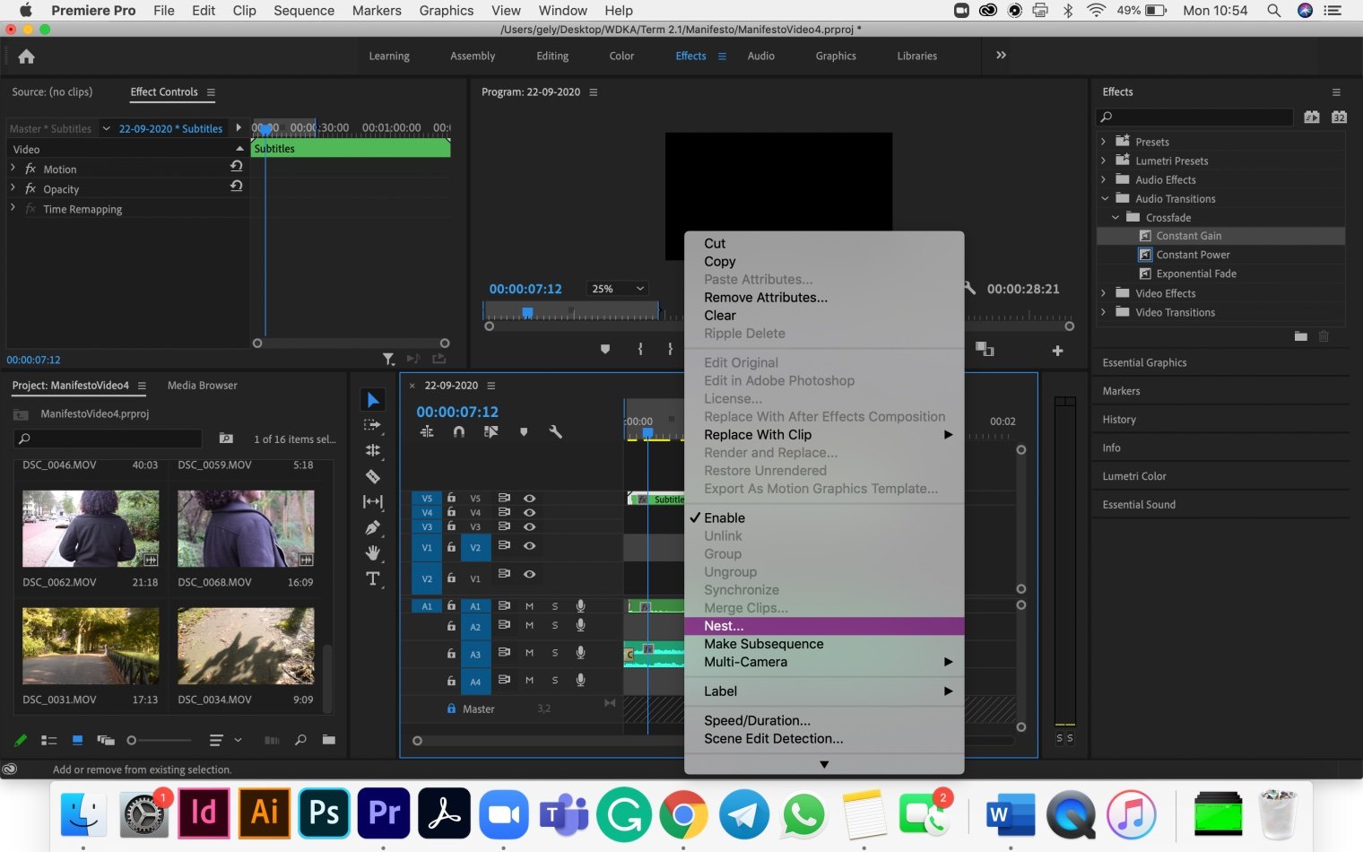 Here I tried to figure out how to make my video look better with the footage I was able to film. While clicking around I also found out that you can turn all the loose clips into one clip using the βNestβ option.