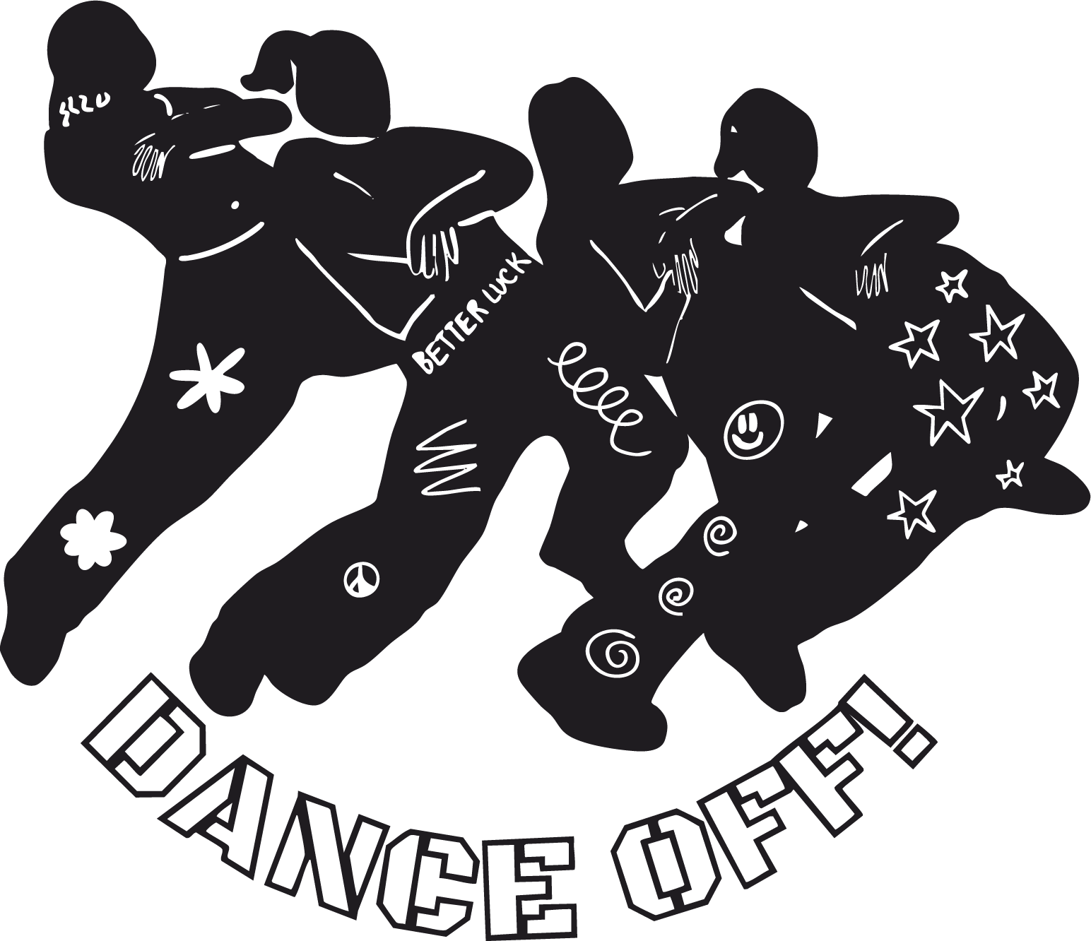 Black illustration of dancers in a cool with the phrase "Dance Off!" at the bottom.