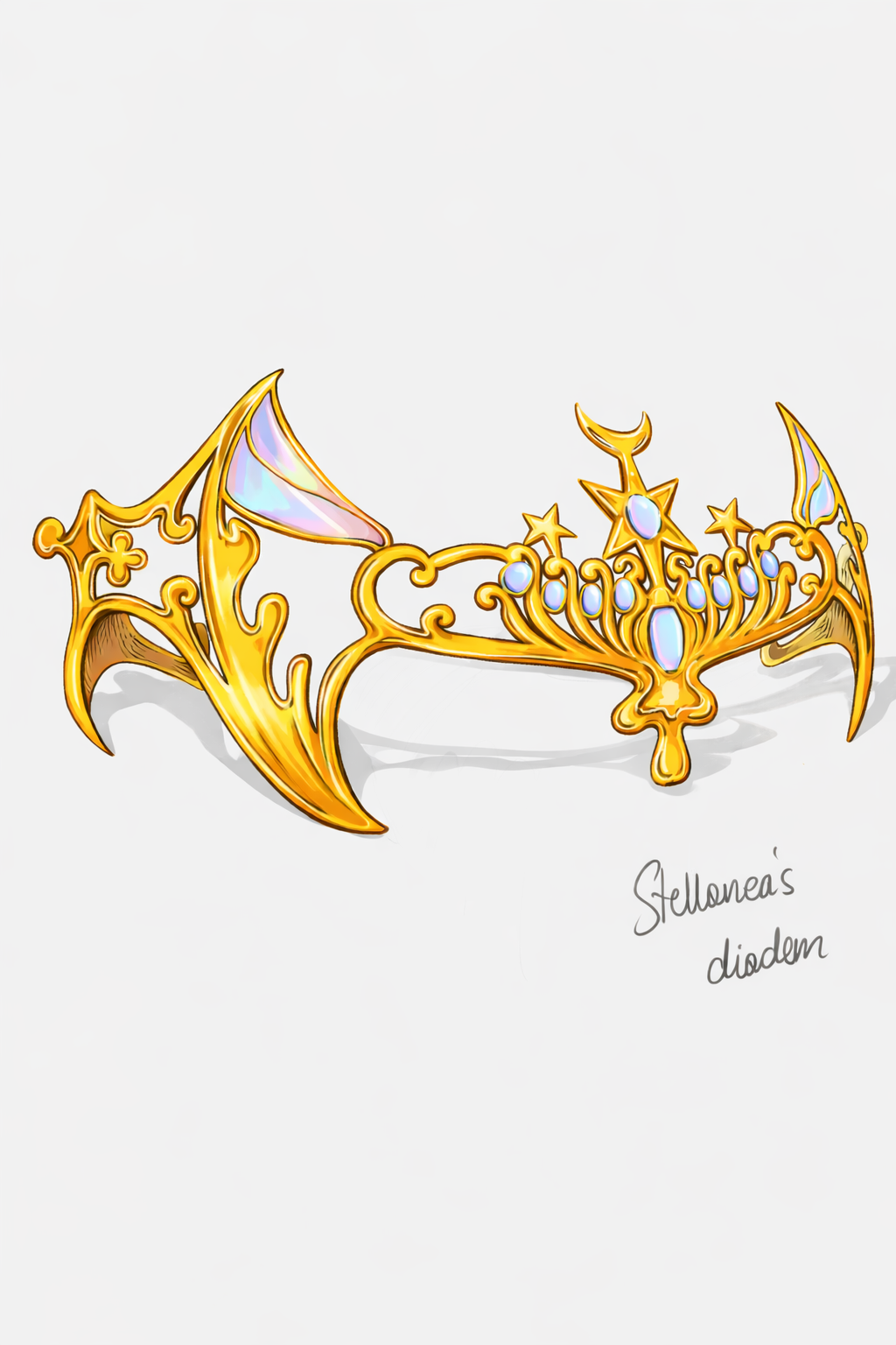 golden diadem with moonstones in a cosmic solar system vibe