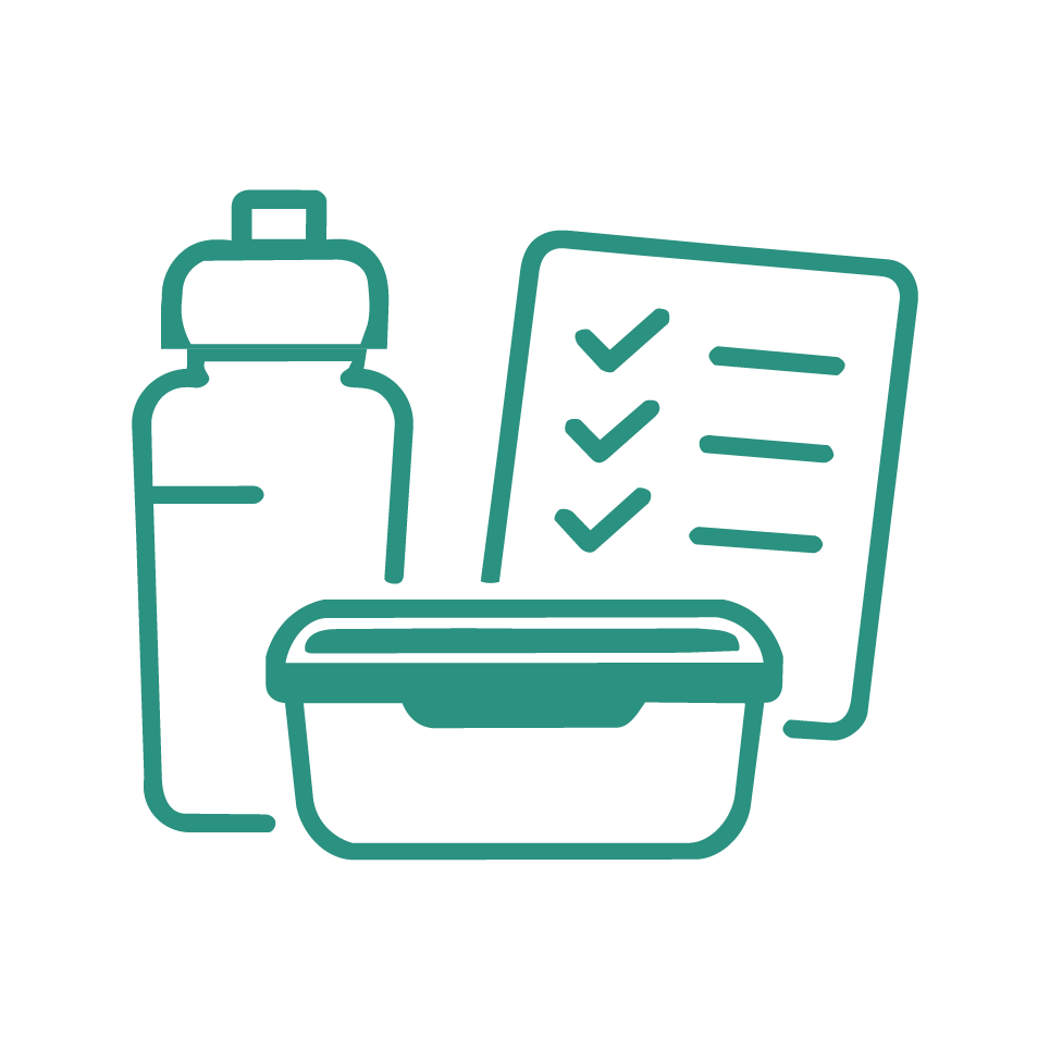 Water bottle, lunch box and checklist teal icon