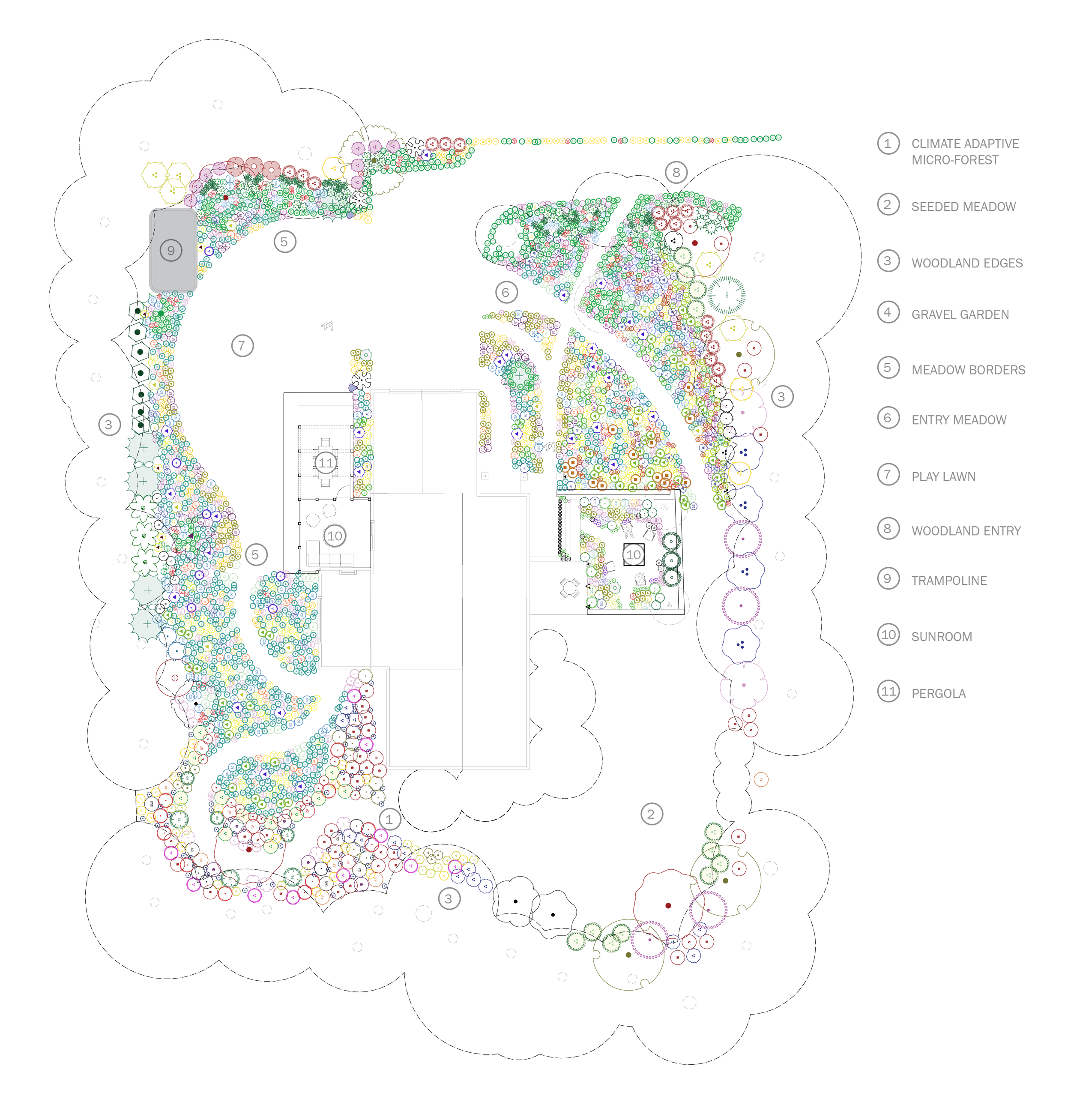 Colored floor plan of a building with various rooms and marked areas, surrounded by landscaped garden areas with trees and plants.