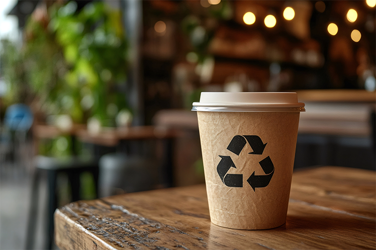 Recyclable paper cup with recycling symbol on a wooden bar, representing Melt Events' sustainable catering and reusable cup scheme