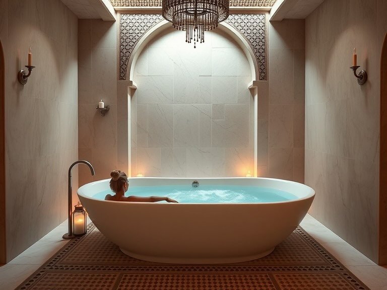 Spa design proposal : 1. Relaxing Tub area 🛁 inspired by Moroccan modern design 2. Indoor temp controlled pool 🏊&zwj;♀️with Himalayan salt walls and ceiling- refreshing and magical✨ 3. Sauna Steam room 4. Typical Massage room - warm and cozy #conce