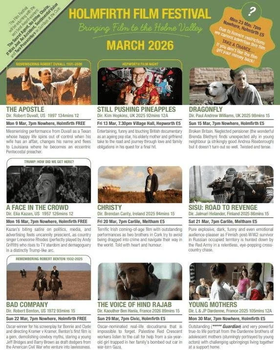 Our March screenings are now available to book...

#Holmfirth
#Huddersfield
#FilmFestival 

Visit for information https://buff.ly/5sCMRVD 

Visit for tickets https://buff.ly/TSWmeSJ