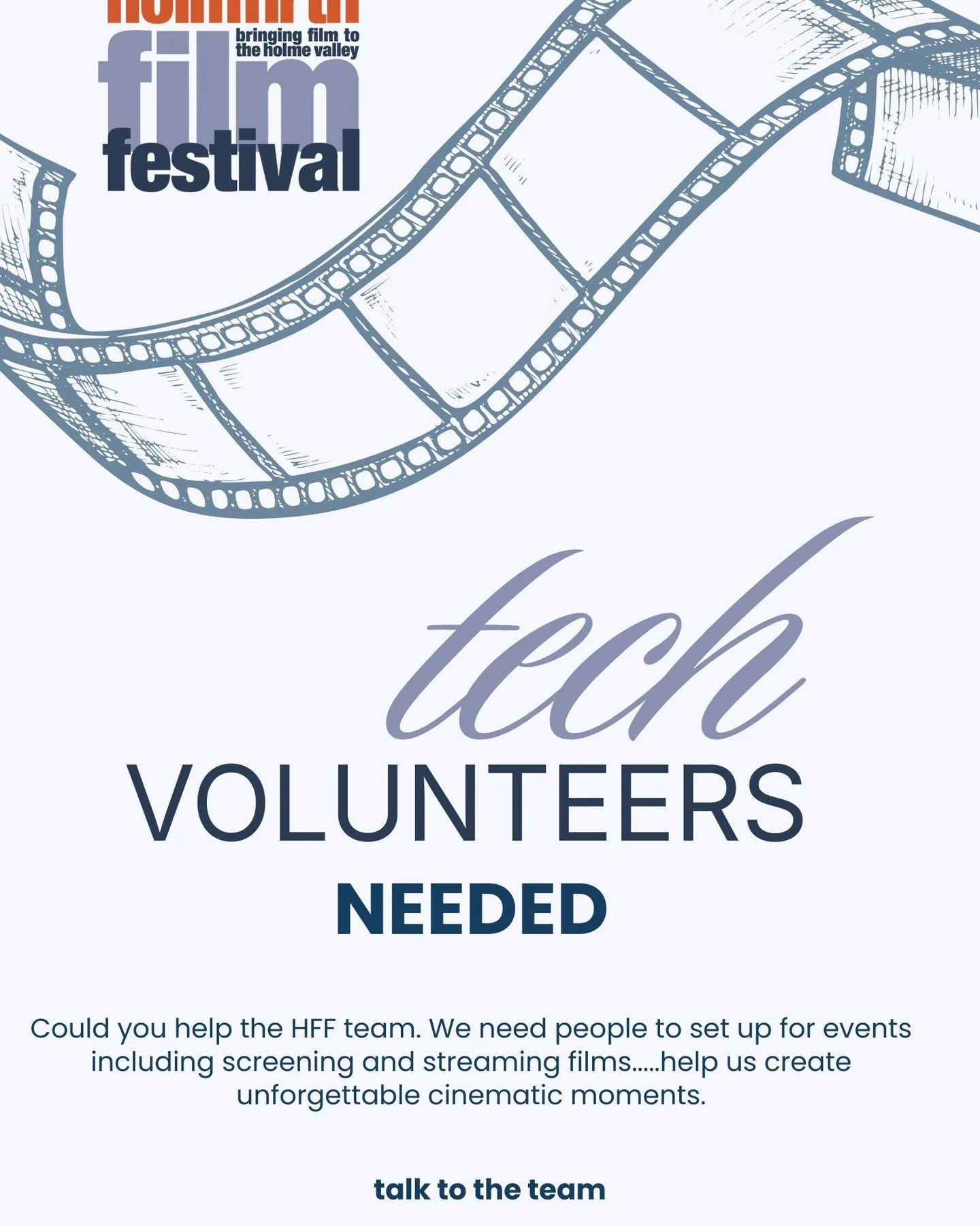 Technical Volunteers needed. Holmfirth Film Festival is run completely by volunteers. We are always looking for help but would particularly welcome volunteers to help with the technical side. Interested? Get in touch with a member of the team. 

Visi
