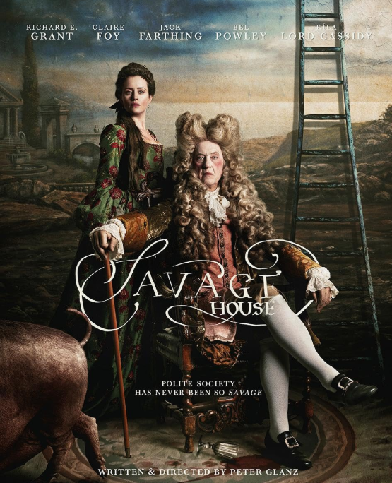 Poster for the film 'Savage House' showing two characters in 18th-century attire with a painted background, ladder, and a pig walking away.