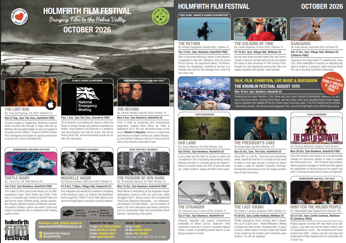 Holmfirth Film Festival Film Programme for October 2026