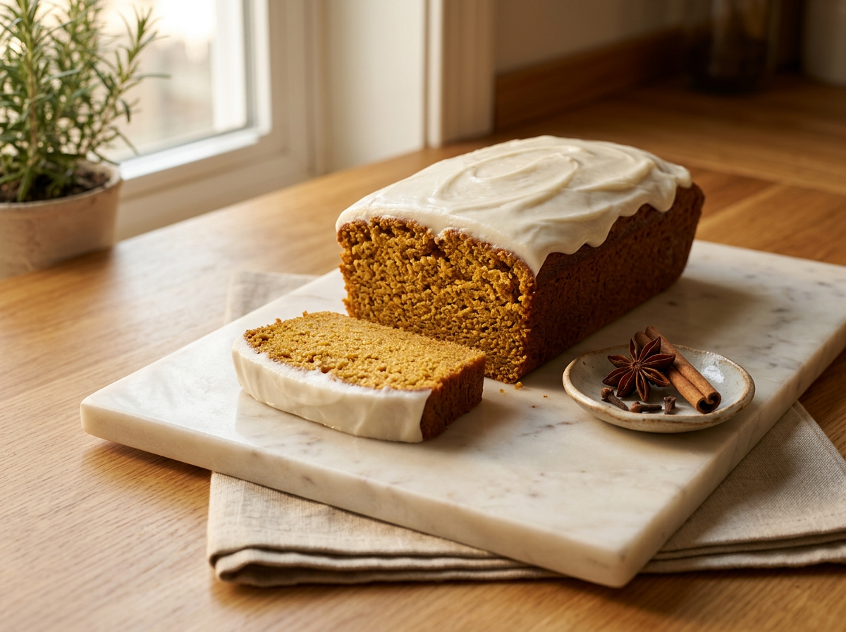 A loaf of pumpkin bread with cream cheese frosting on a marble cutting board, with a slice cut and placed in front, garnished with star anise and cinnamon sticks, on a wooden table by a window.