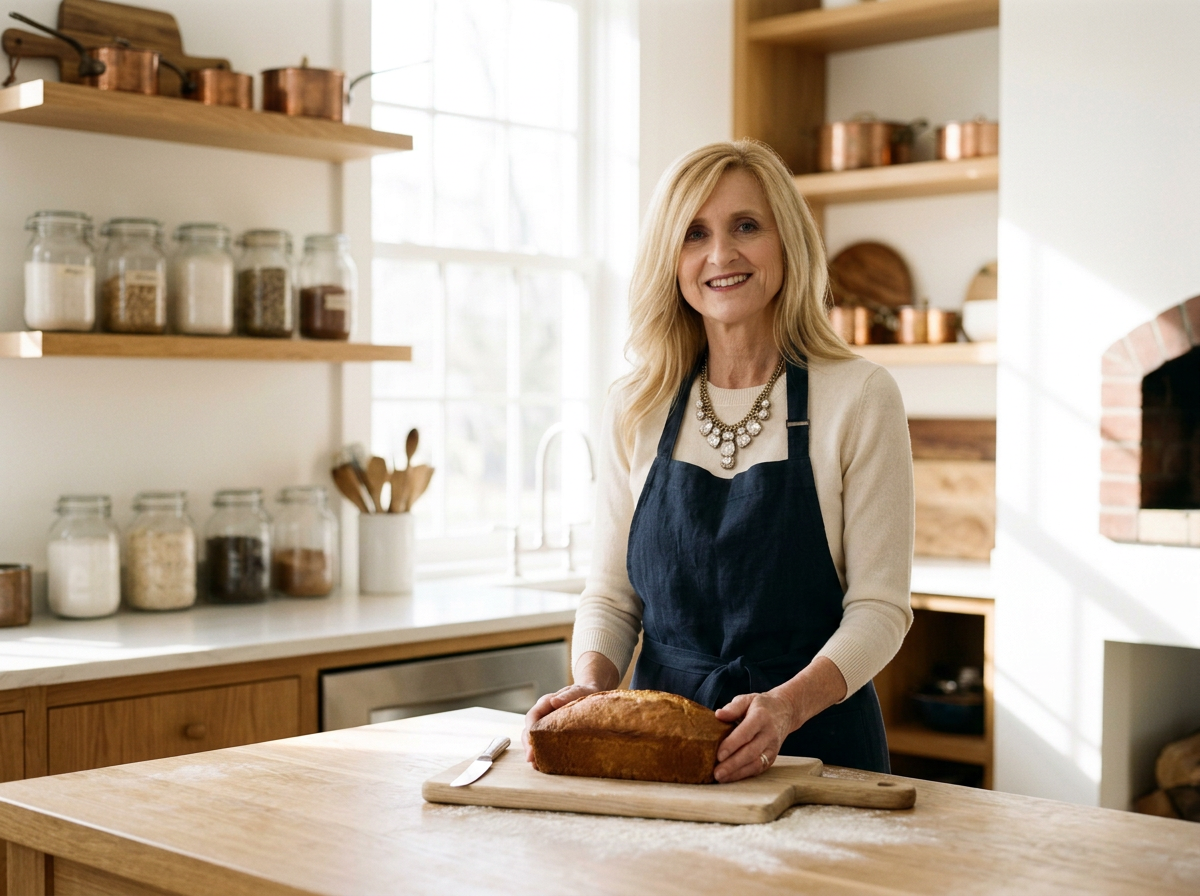 A woman in a navy apron and white sweater standing in a bright, modern kitchen holding a loaf of bread on a wooden cutting board.