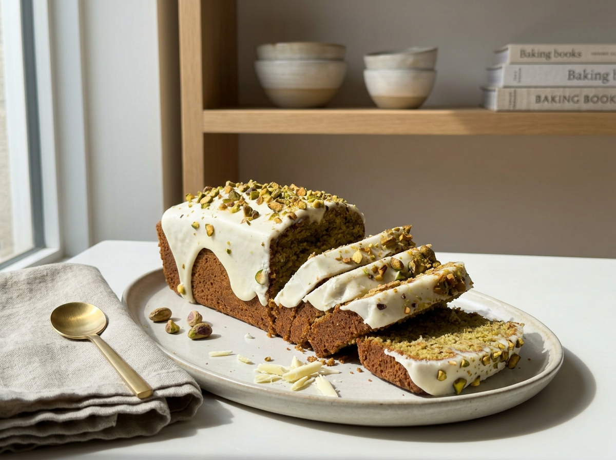 Slice of pistachio cake with white frosting and chopped pistachios on top, served on a white oval platter with a beige napkin and gold spoon, against a background of wooden shelves with bowls and baking books.