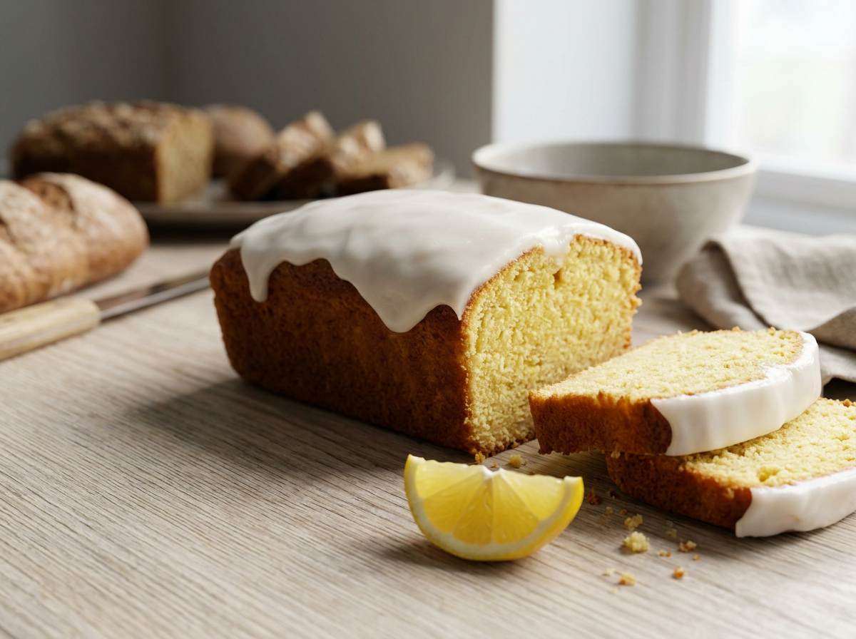 Lemon cake with white icing, sliced, on a wooden surface, with lemon wedge in front, and baked goods in the background.