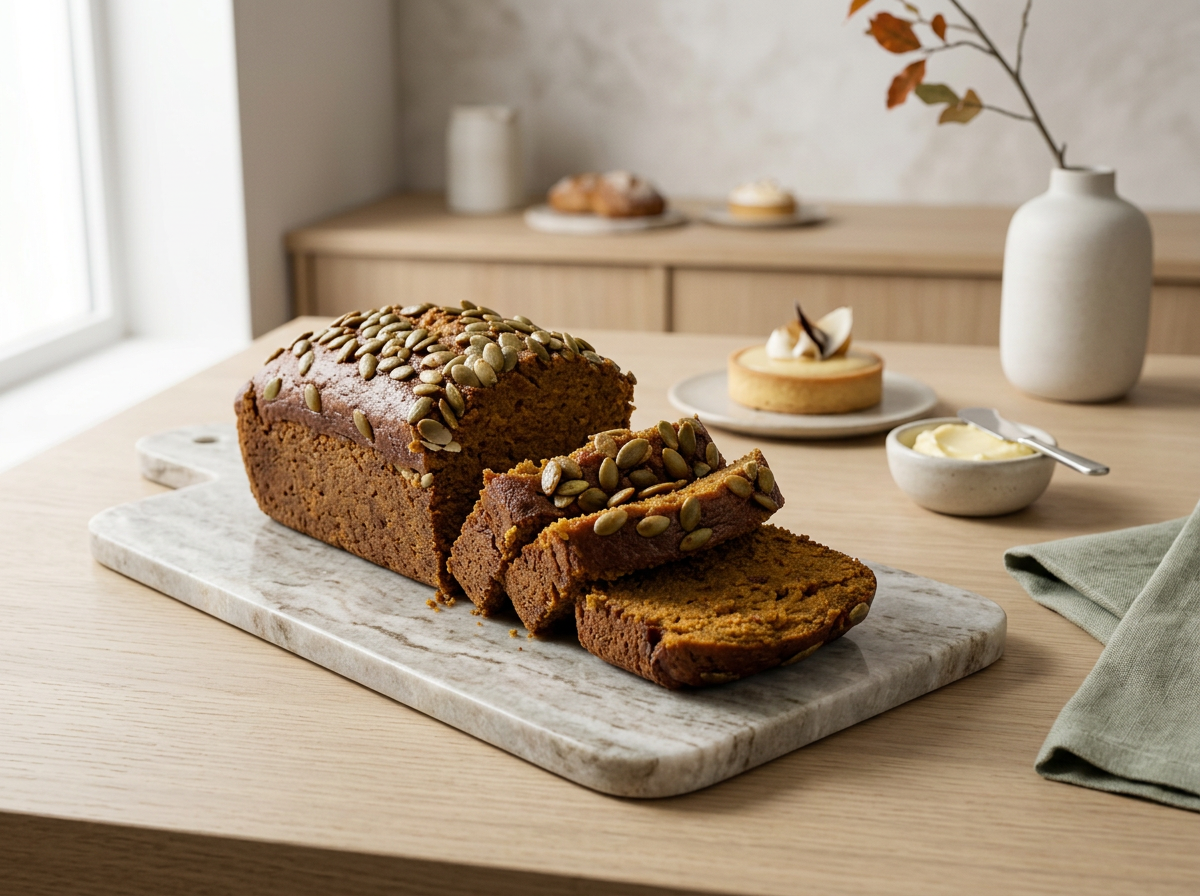 Pumpkin bread topped with pumpkin seeds on a marble cutting board. In the background, there are small plates with pastries and a bowl of butter, a white vase with branches, and a soft cloth on a wooden table.