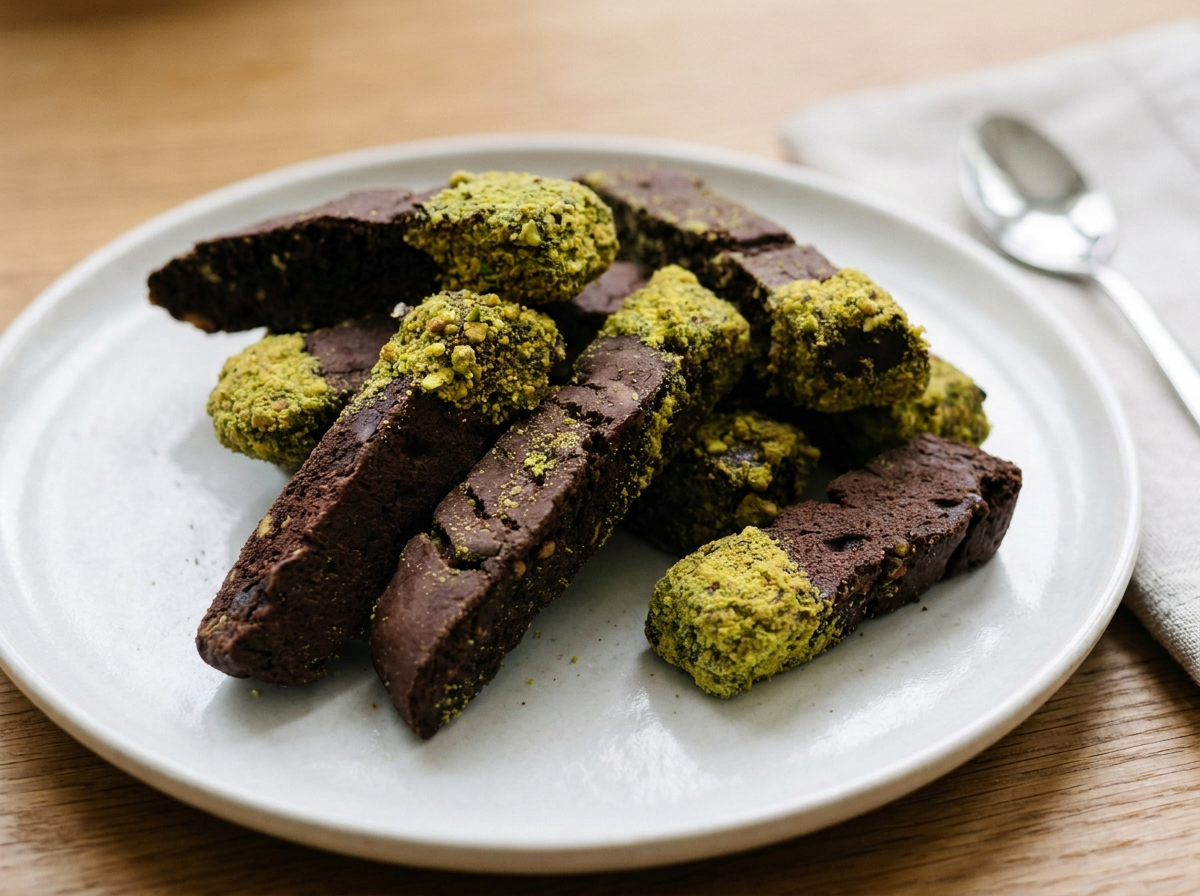 Chocolate-covered biscotti with green matcha powder sprinkled on top, on a white plate.
