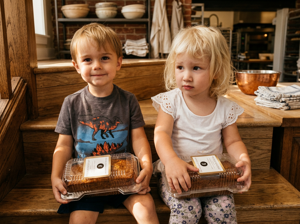 Two young children, a boy and a girl, sitting on wooden stairs holding plastic containers of baked goods, inside a cozy home kitchen.