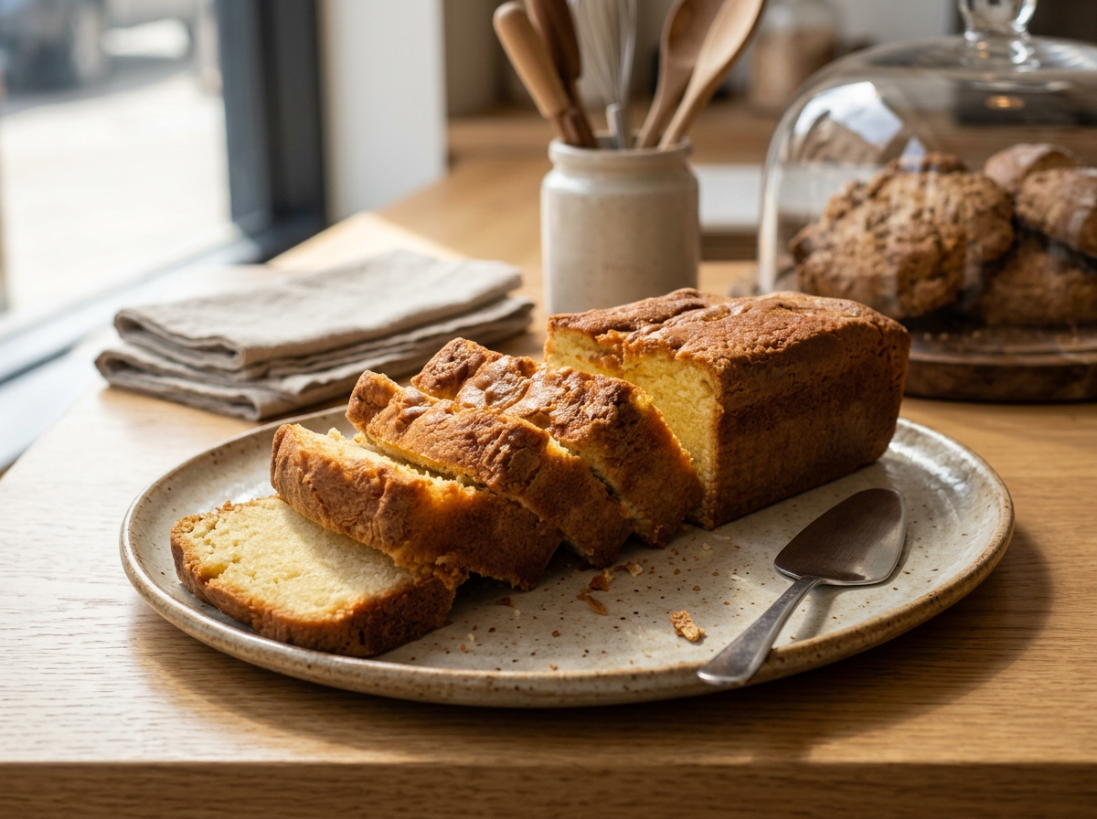 A sliced loaf of yellow pound cake on a ceramic plate, with a silver knife, on a wooden table, with cookies in a glass dome and a jar of utensils in the background.