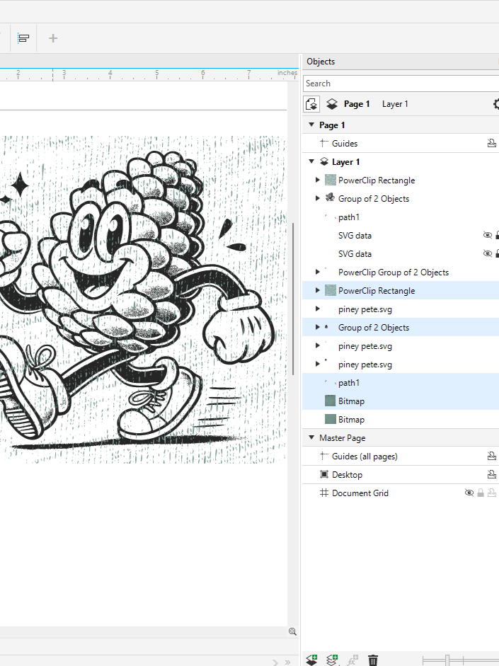 A black and white cartoon illustration of a pine cone character with a smiling face, eyes, and a tongue sticking out, walking with a joyful expression.