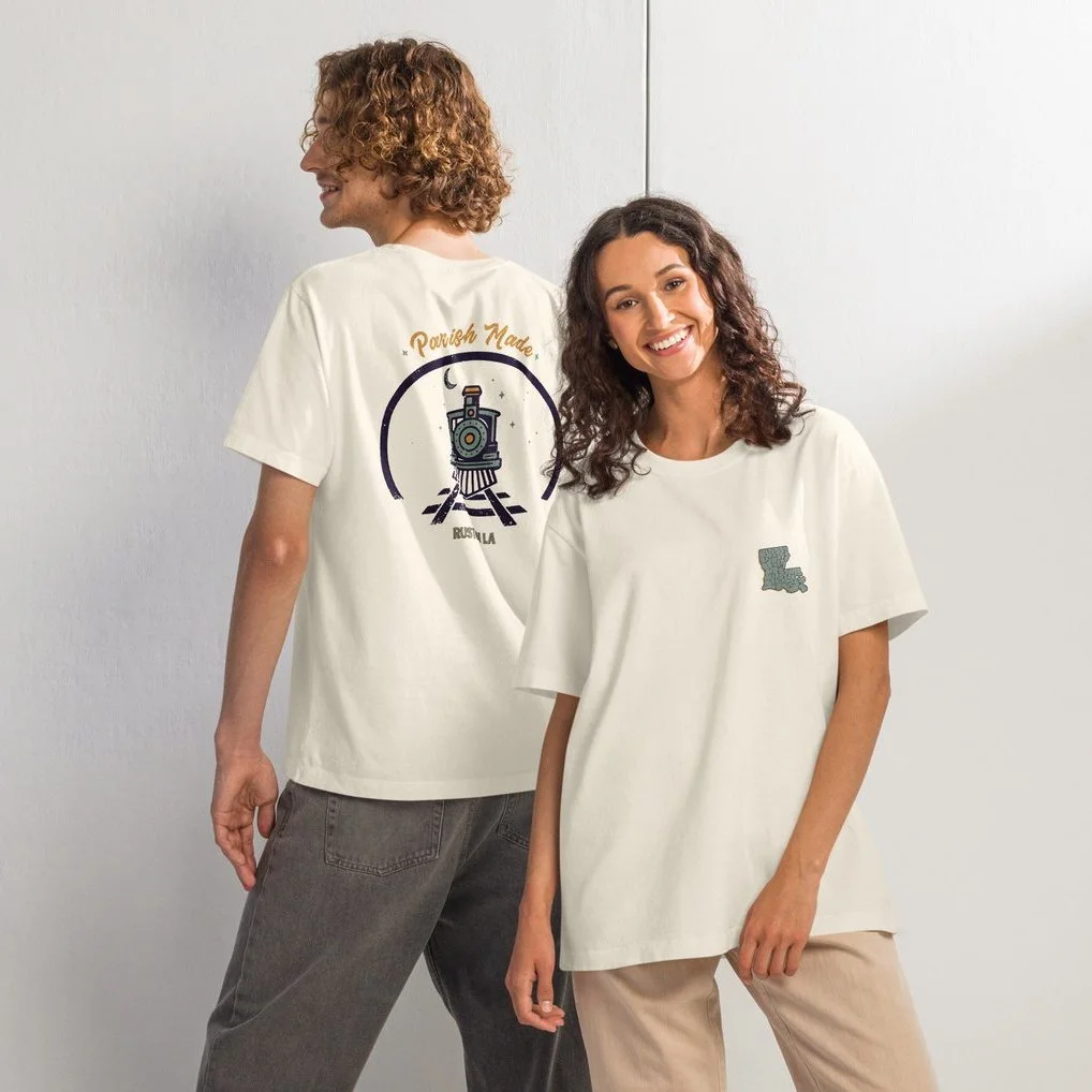 Our first run of Parish Made tees is live online&mdash;heavyweight cotton, pocket logos or full‑back graphics, all rooted in North Louisiana. Browse the site, pick your favorite, and we&rsquo;ll ship it right out. 🛒📦