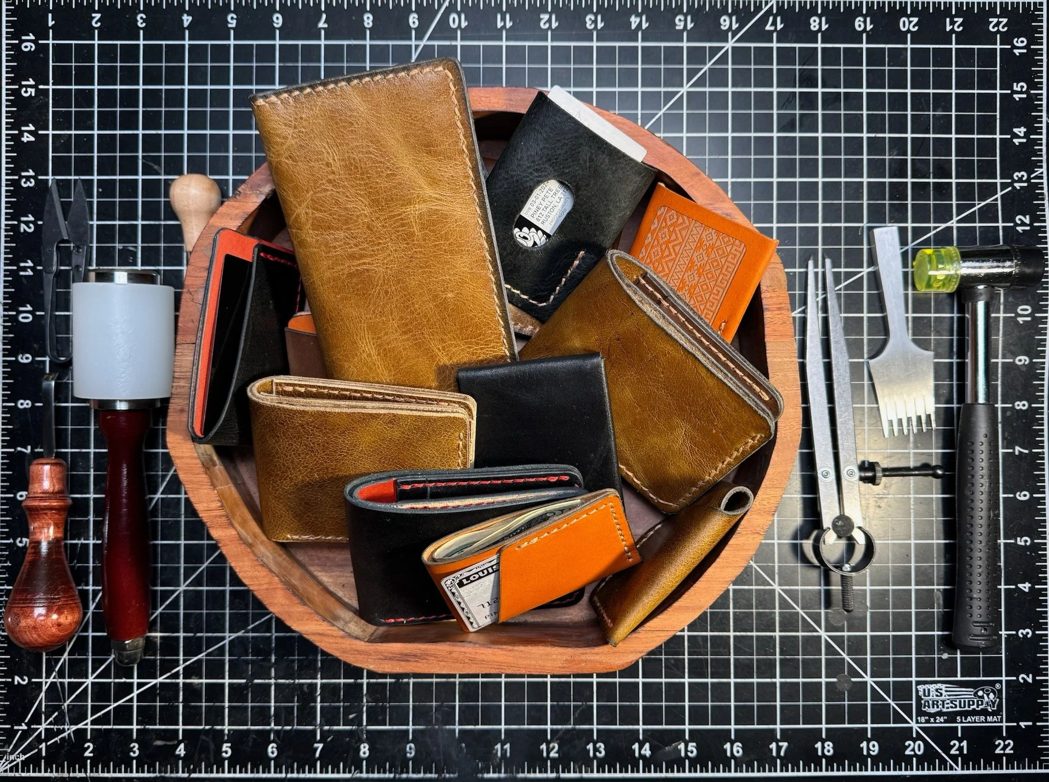 Handmade leather goods, built to last. Full-grain leather, saddle-stitched by hand in Ruston, Louisiana. Bifolds, card holders, long wallets. Check the Store section on our website to shop, or message us for customized versions.