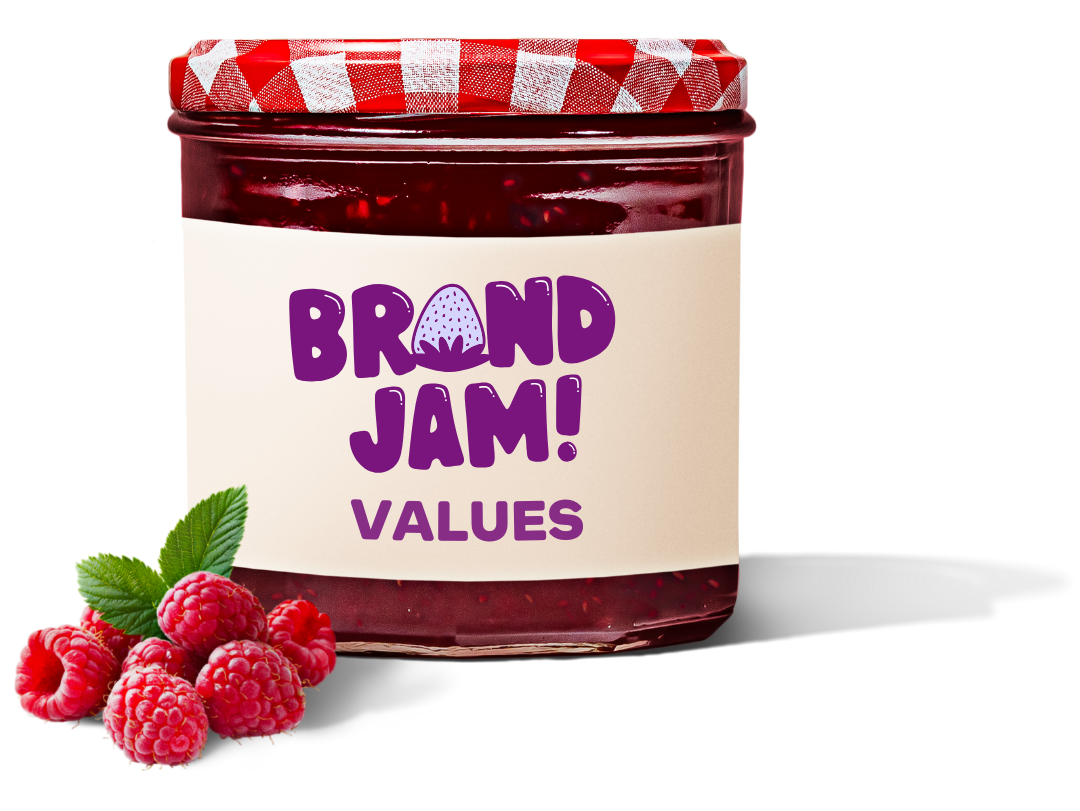 Red jam jar next to a cluster of red raspberries. The jar's label reads Brand Jam values.