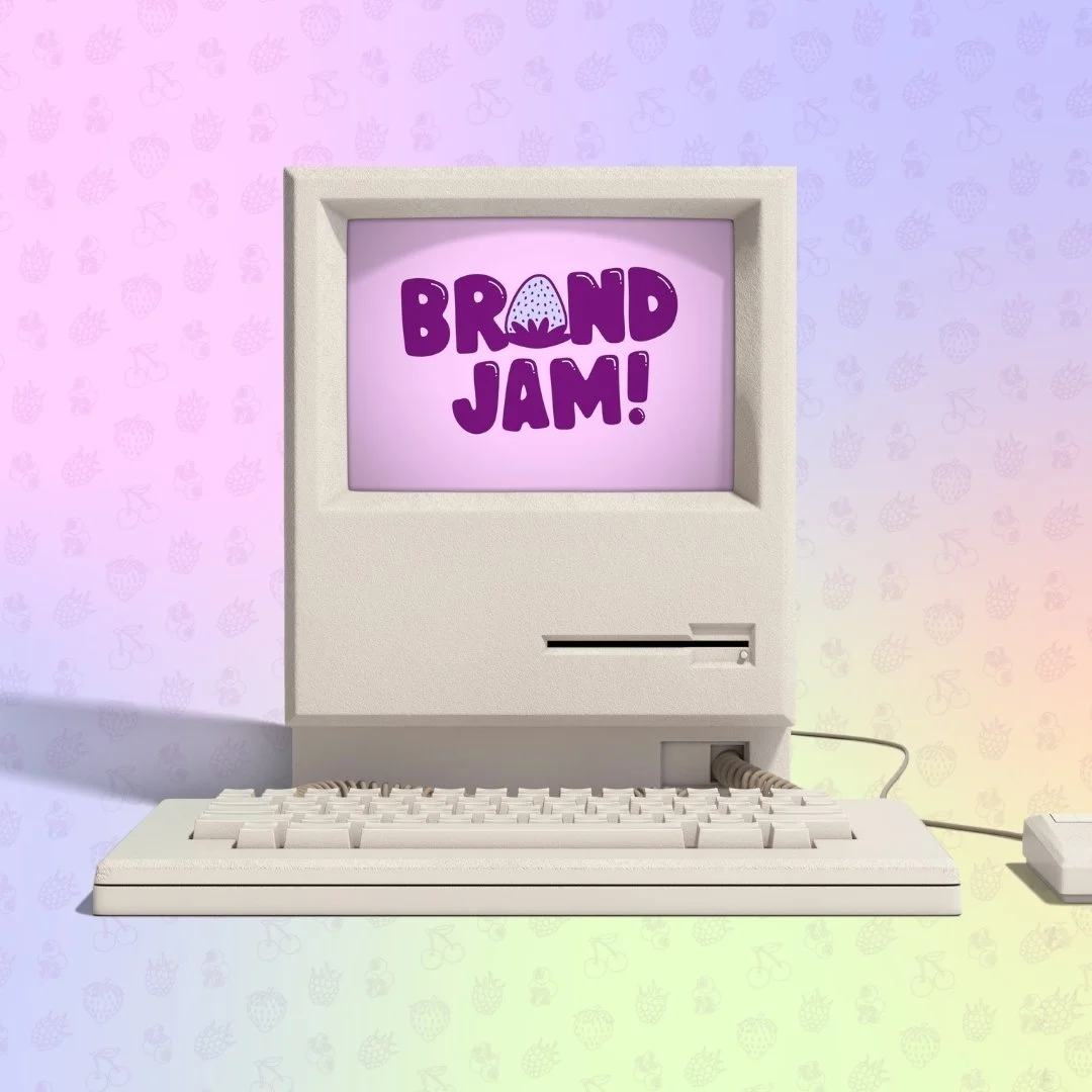 mockup of an eighties-style computer showing the logo for Brand Jam, a branding studio for authors